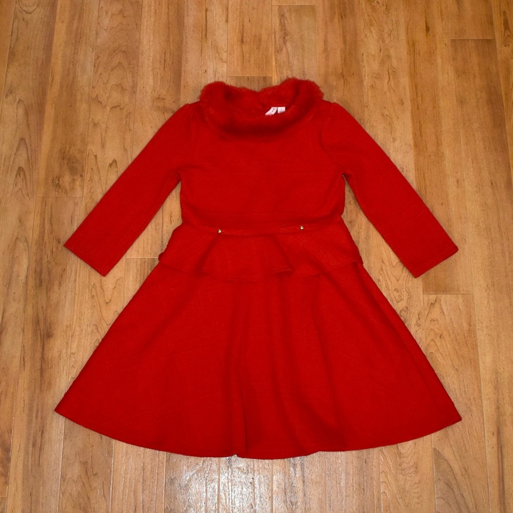 Janie and Jack Faux Fur Collar Dress Girls 12 Red Excellent Peplum Long Sleeve